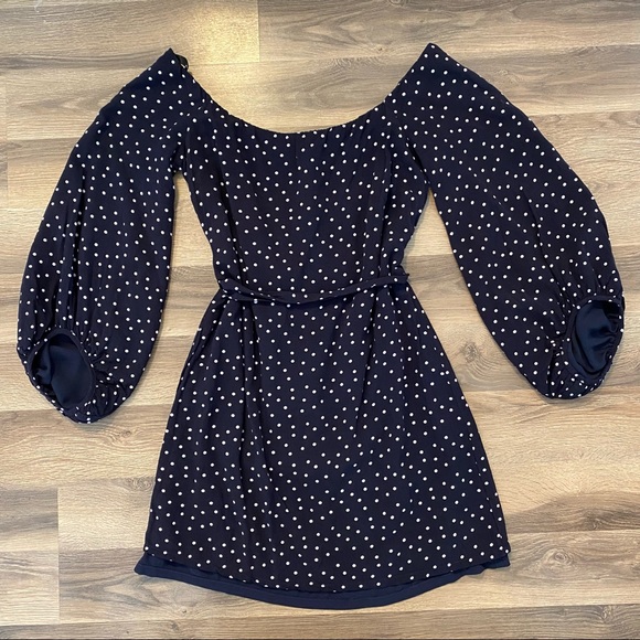 Bardot Dresses & Skirts - Bardot Navy/White Polka Dot Off The Shoulder Dress